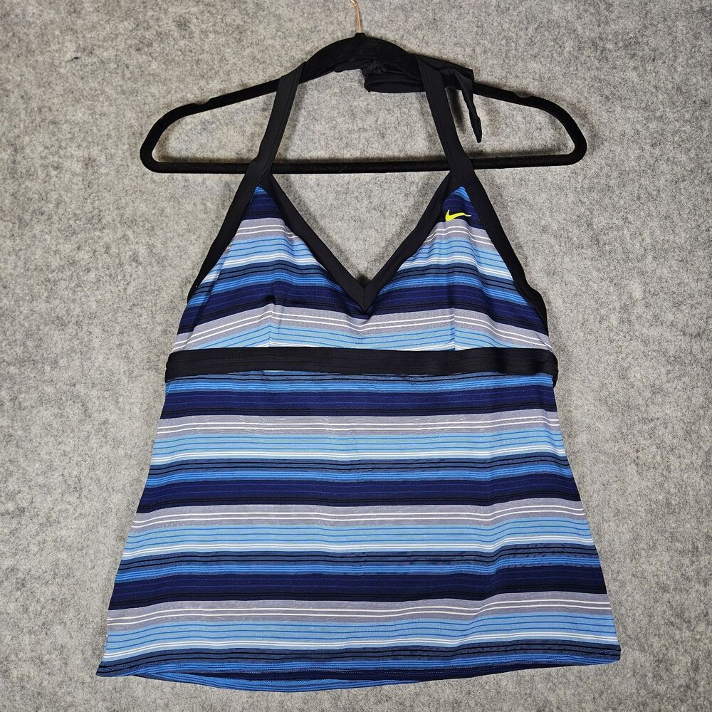 Nike Blue Striped Halter Tankini Swim Top Plus Size Summer Vacation Beach Sz 16